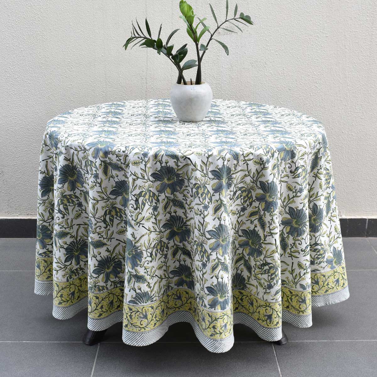 Hand Block Printed Cotton Round Tablecloth 220 cms Olive Flower Open 602178