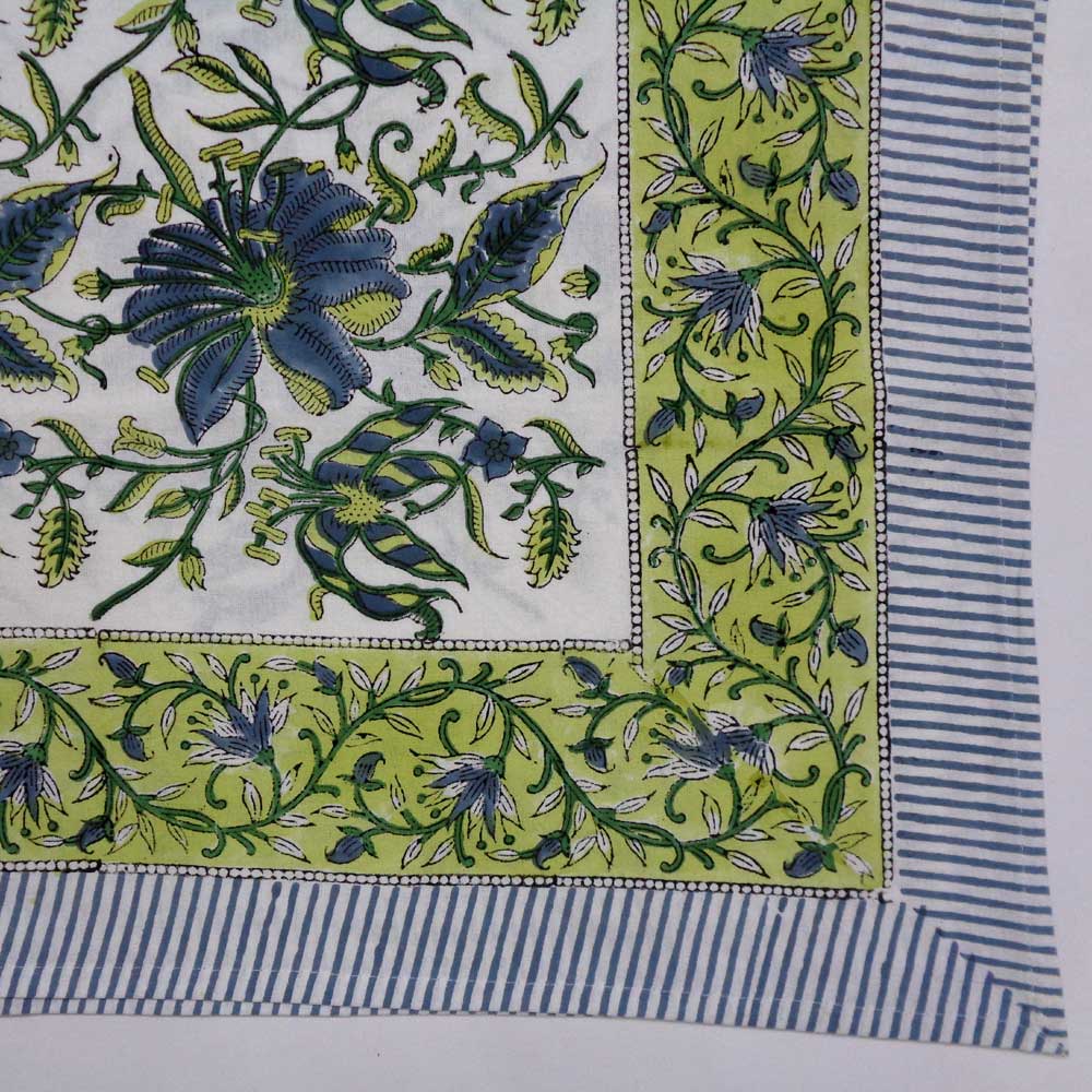 Hand Block Printed Cotton Tablecloth 150x220 cms Olive Flower Open 602178