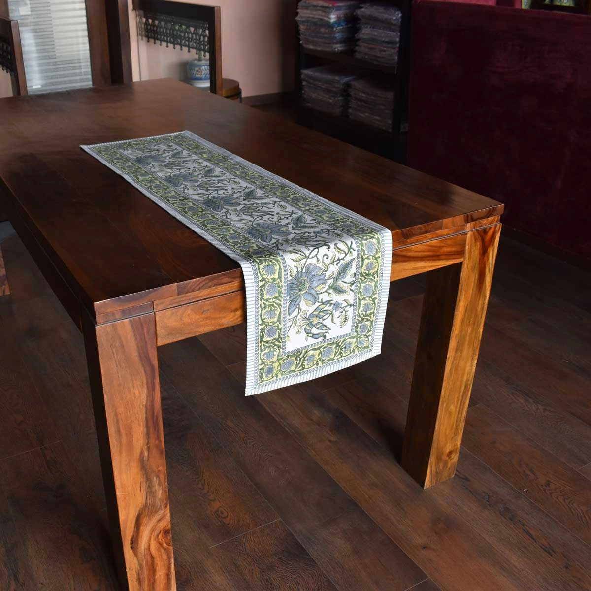 Hand Block Printed Cotton Canvas Table Runner 33x120 cms Olive Flower Open 602178
