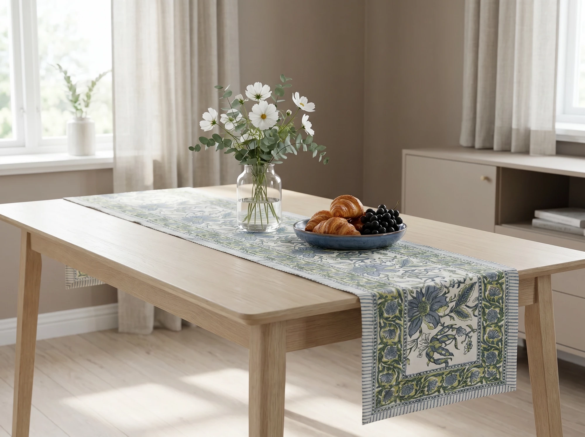 Hand Block Printed Cotton Canvas Table Runner 33x120 cms Olive Flower Open 602178