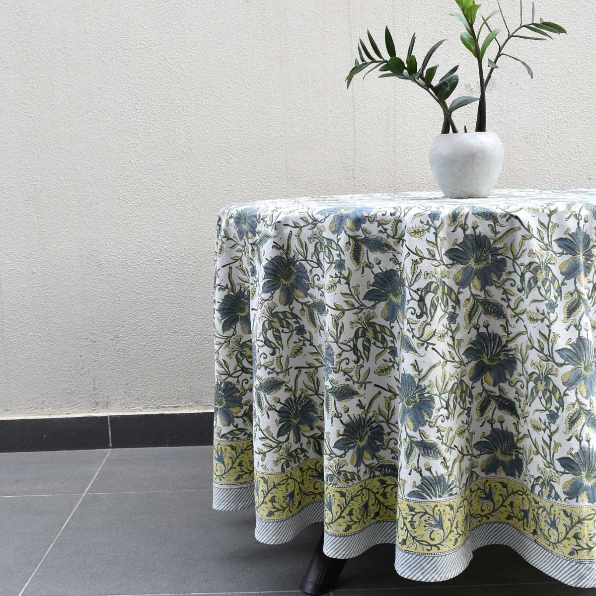 Hand Block Printed Cotton Round Tablecloth 220 cms Olive Flower Open 602178