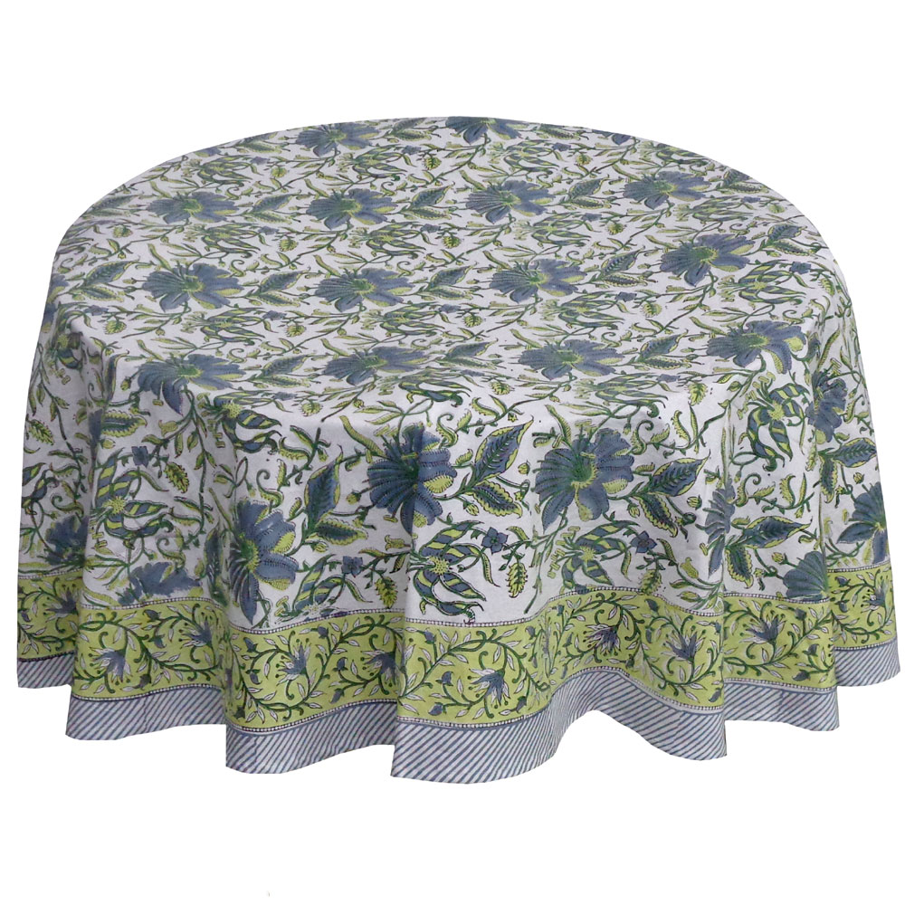 Hand Block Printed Cotton Round Tablecloth 220 cms Olive Flower Open 602178