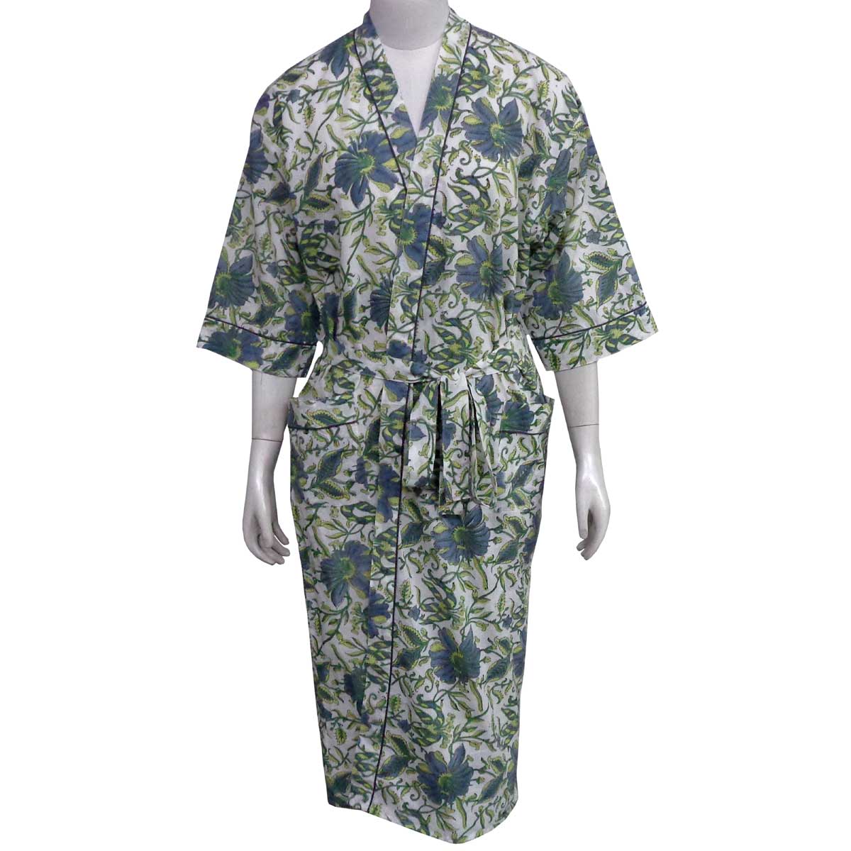 Indian Block-Printed 100 Cotton Kimono Olive Flower Open 602178