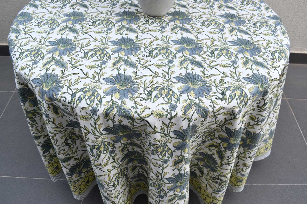 Hand Block Printed Cotton Round Tablecloth 220 cms Olive Flower Open 602178