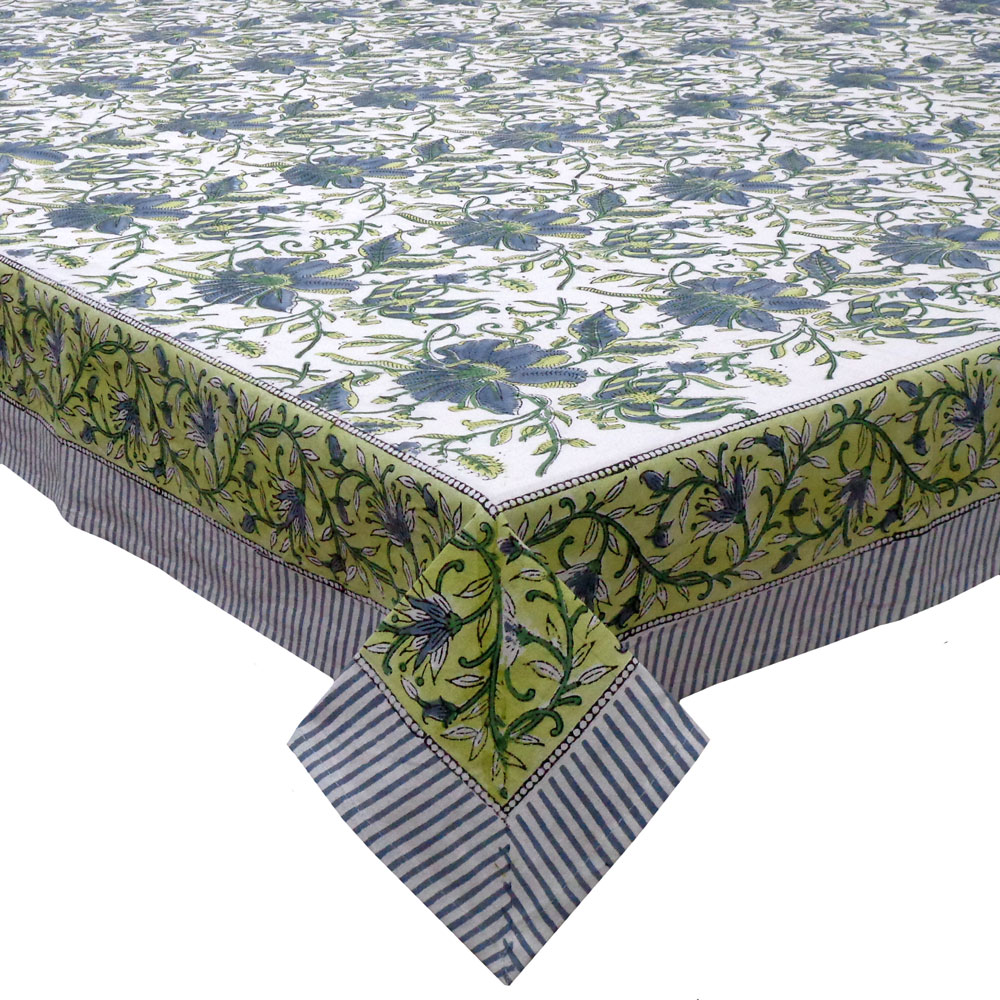 Hand Block Printed Cotton Tablecloth 150x220 cms Olive Flower Open 602178
