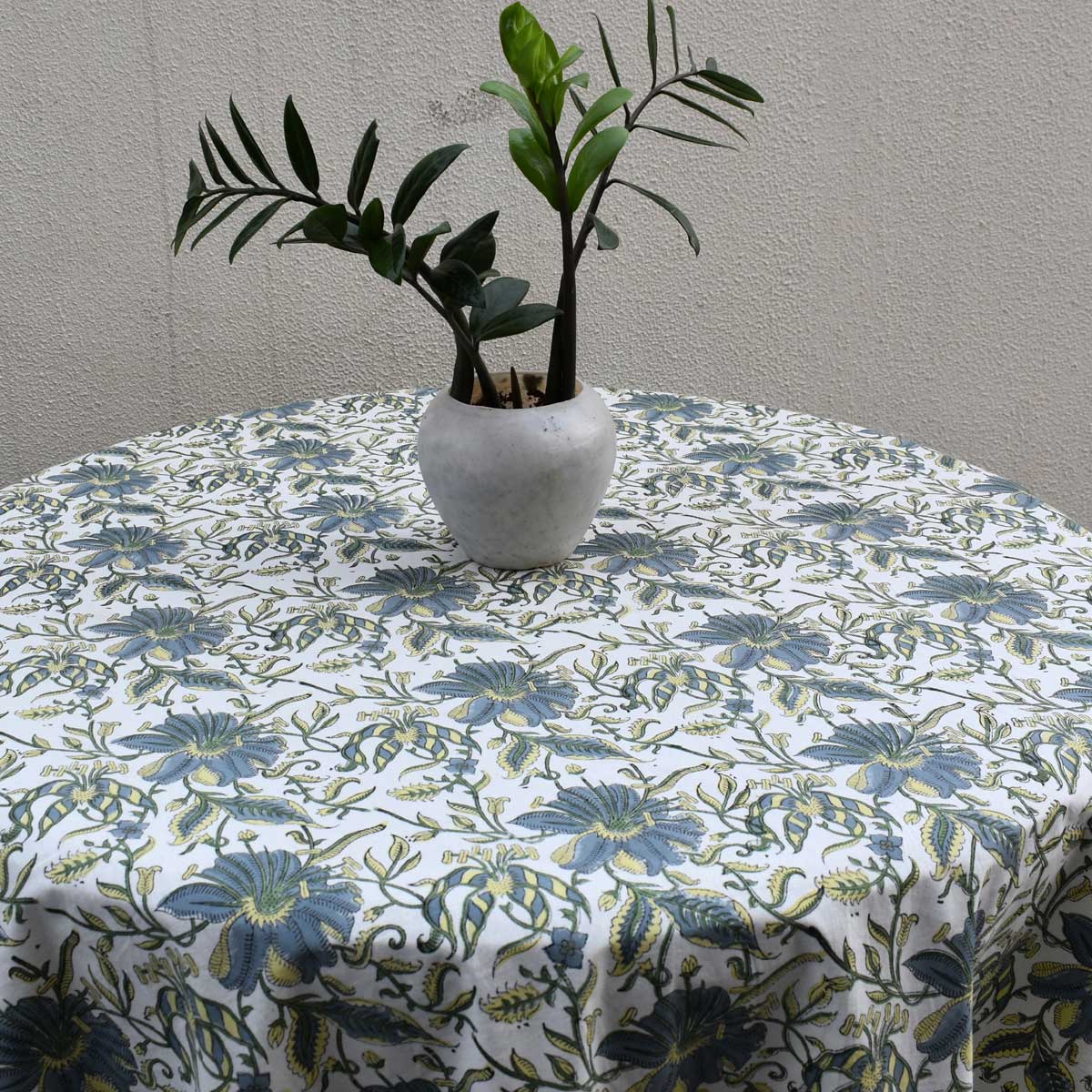 Hand Block Printed Cotton Round Tablecloth 220 cms Olive Flower Open 602178