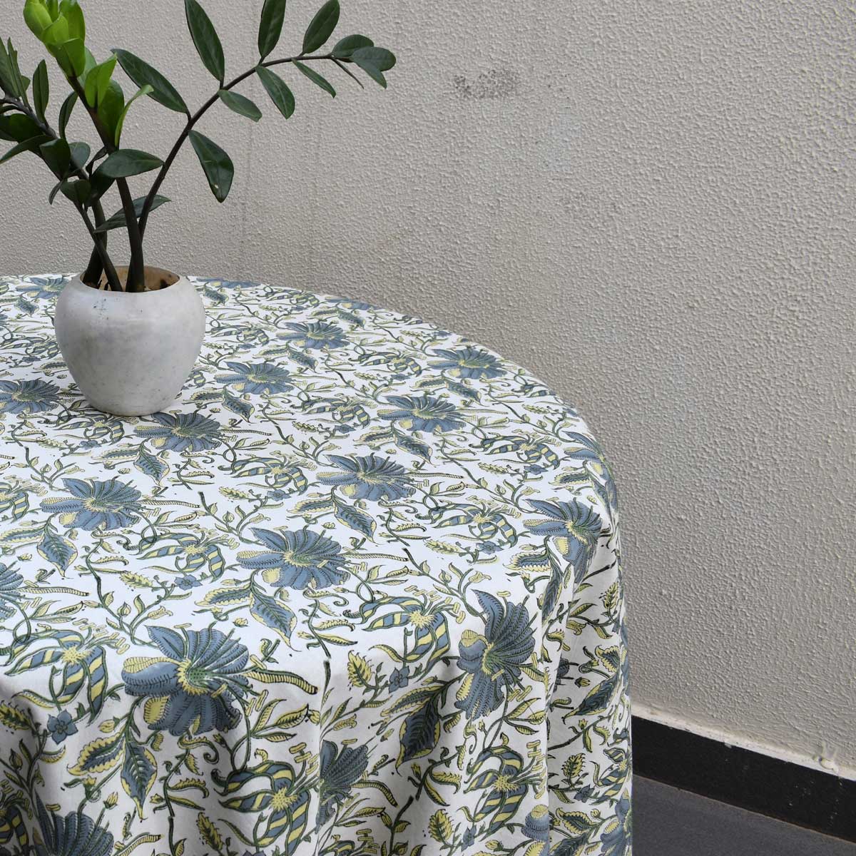 Hand Block Printed Cotton Round Tablecloth 220 cms Olive Flower Open 602178