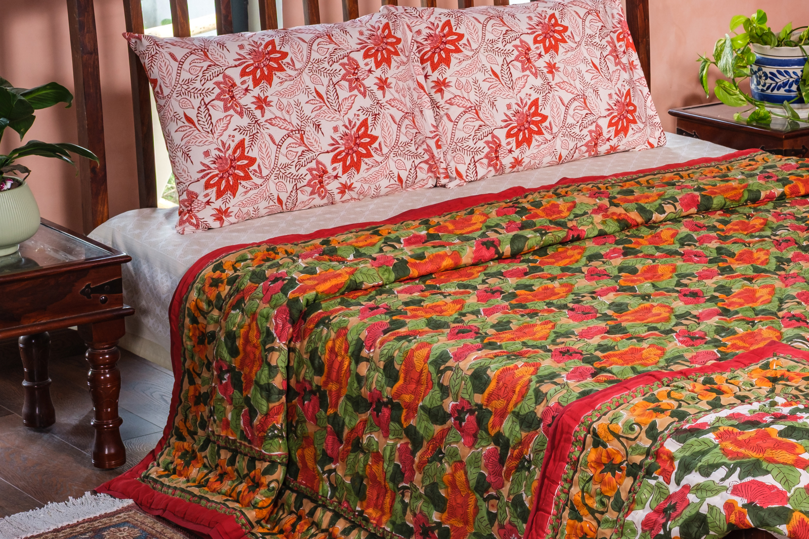 Hand Block Printed Cotton Quilt King Size Orange Patti 509089