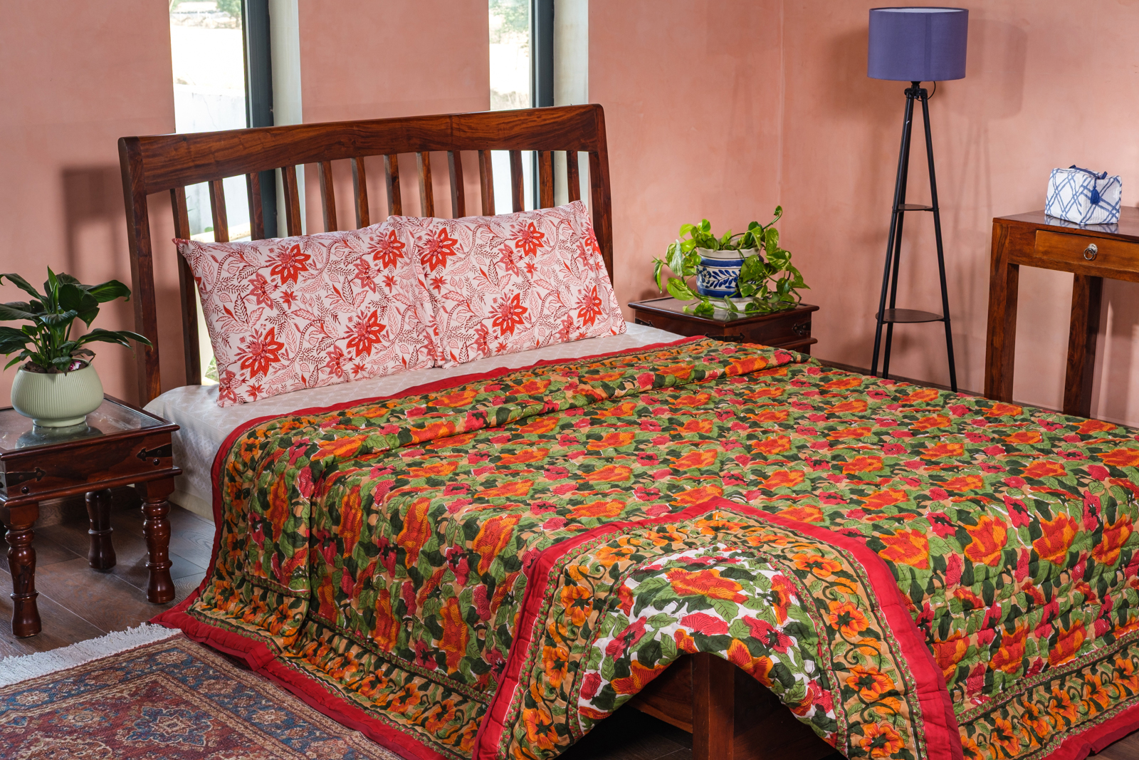 Hand Block Printed Cotton Quilt King Size Orange Patti 509089