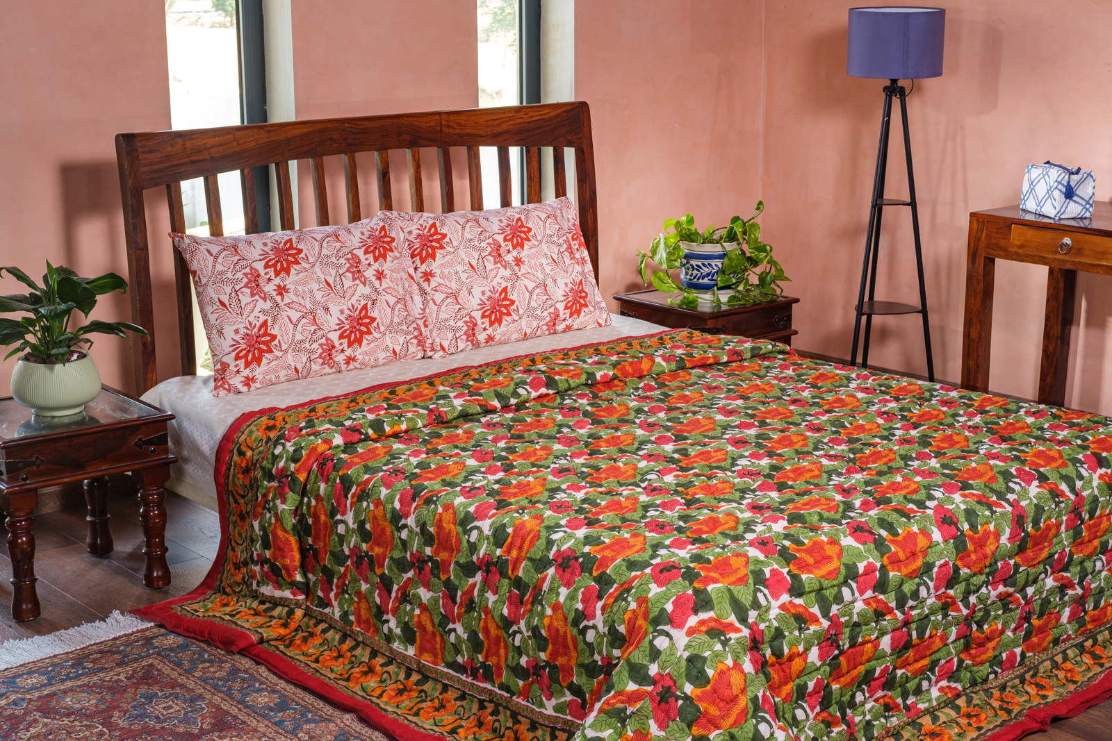 Hand Block Printed Cotton Quilt King Size Orange Patti 509089