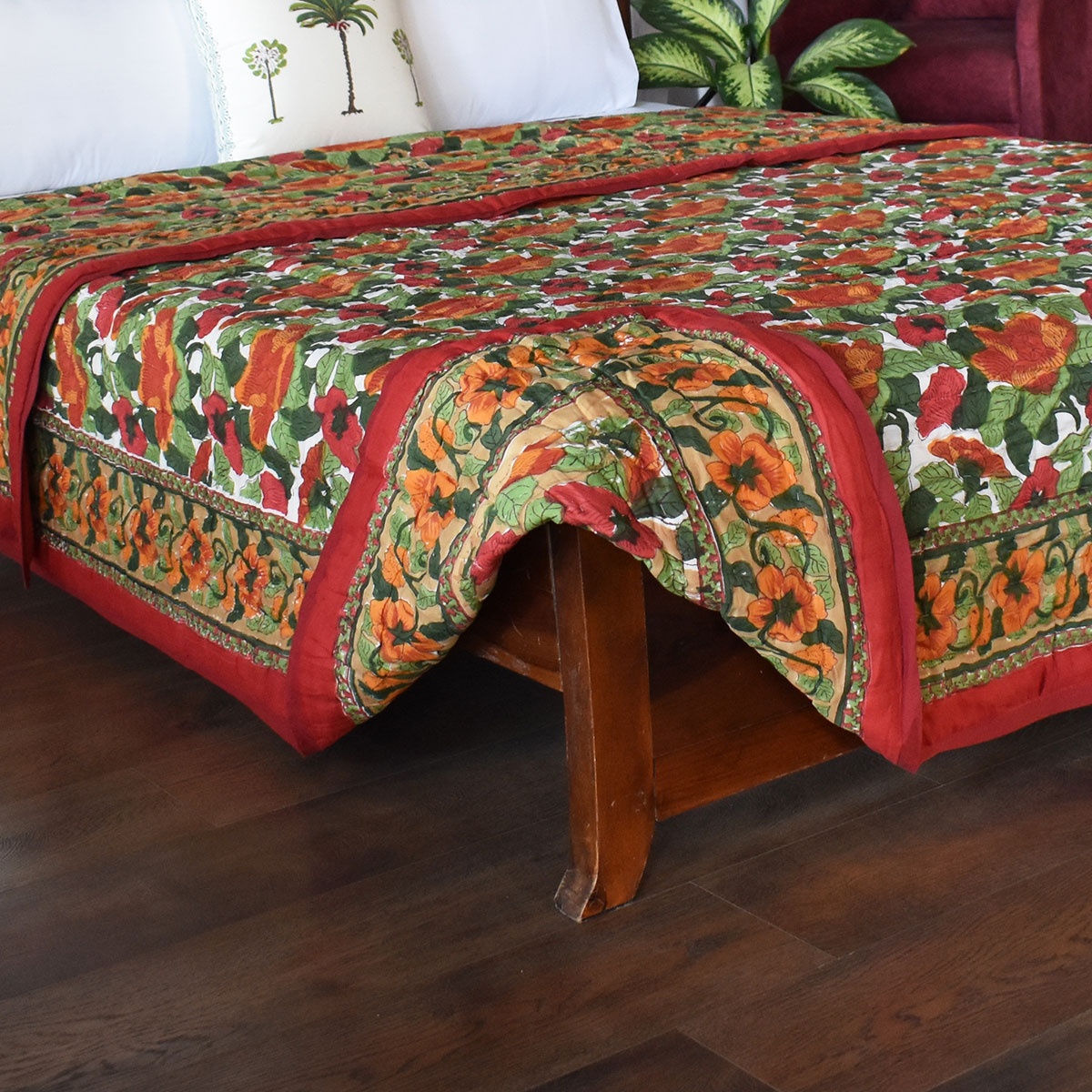 Hand Block Printed Cotton Quilt King Size Orange Patti 509089