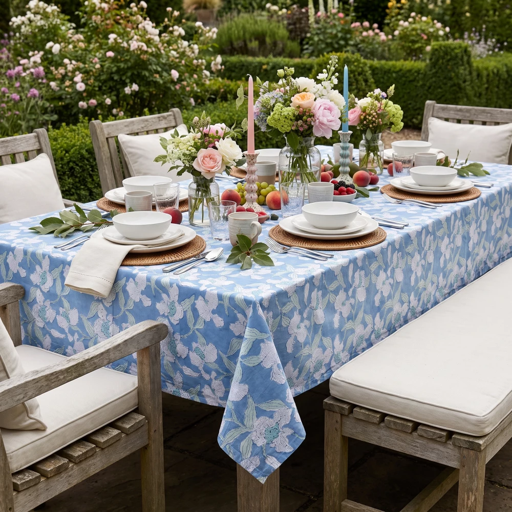 Image of Hand Block Printed Cotton Tablecloth 150x220 cms | Orchid Aqua 203890