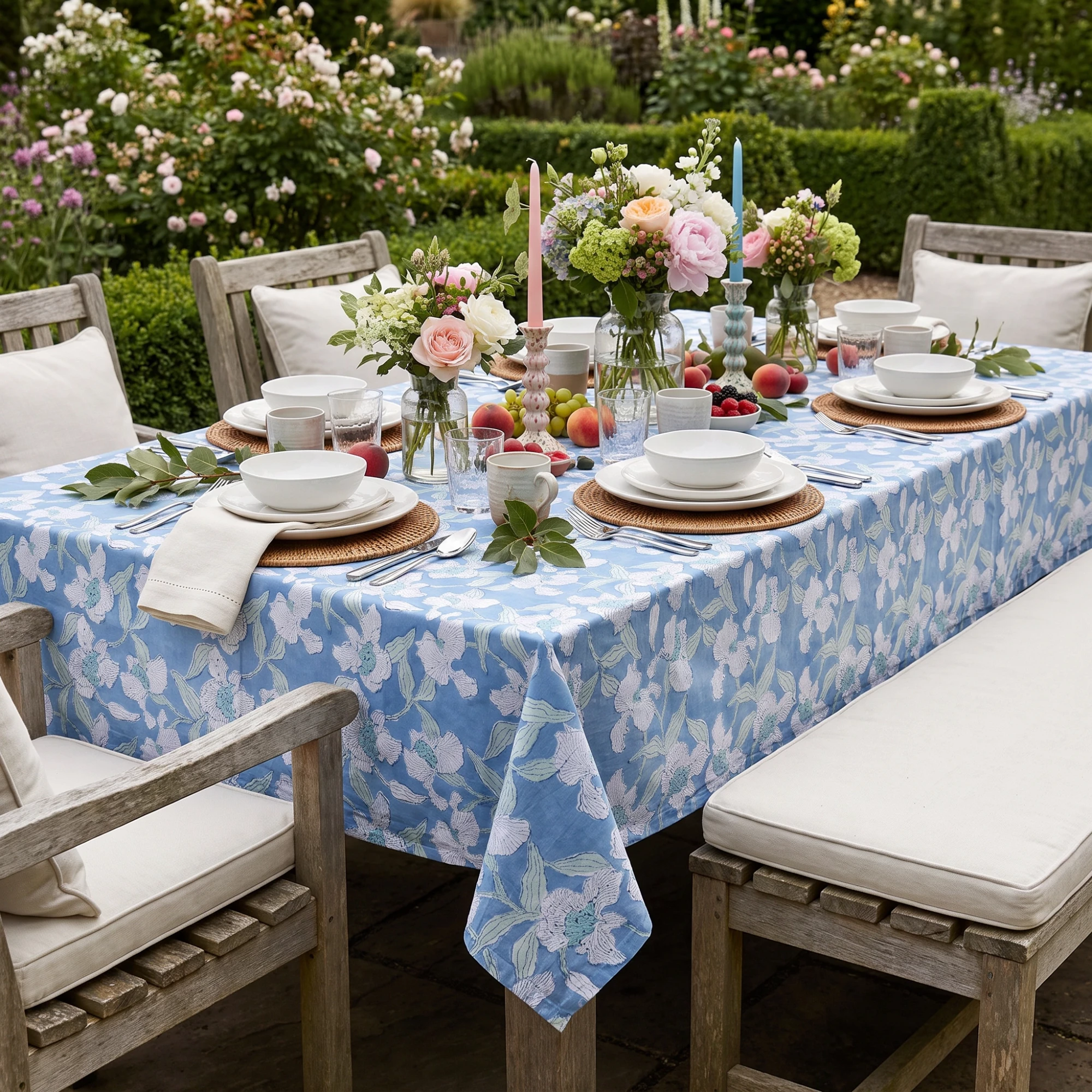 Hand Block Printed Cotton Tablecloth 180x270 cms Orchid Aqua 203890