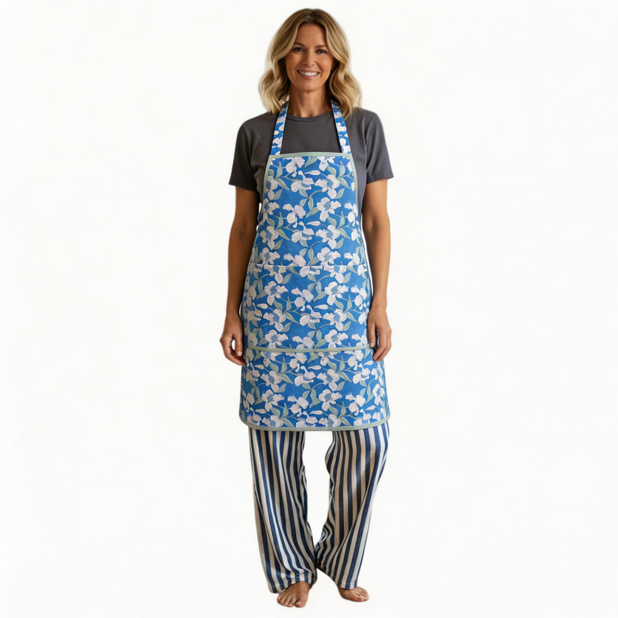Indian Block-Printed 100 Cotton Apron Orchid Aqua 203890