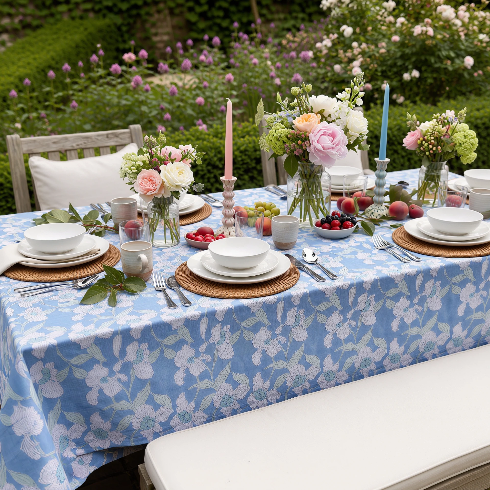 Hand Block Printed Cotton Tablecloth 180x270 cms  Orchid Aqua 203890