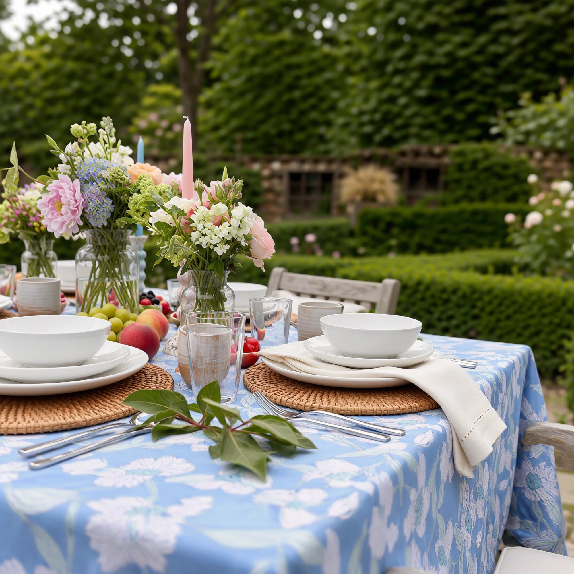 Hand Block Printed Cotton Tablecloth 180x270 cms Orchid Aqua 203890