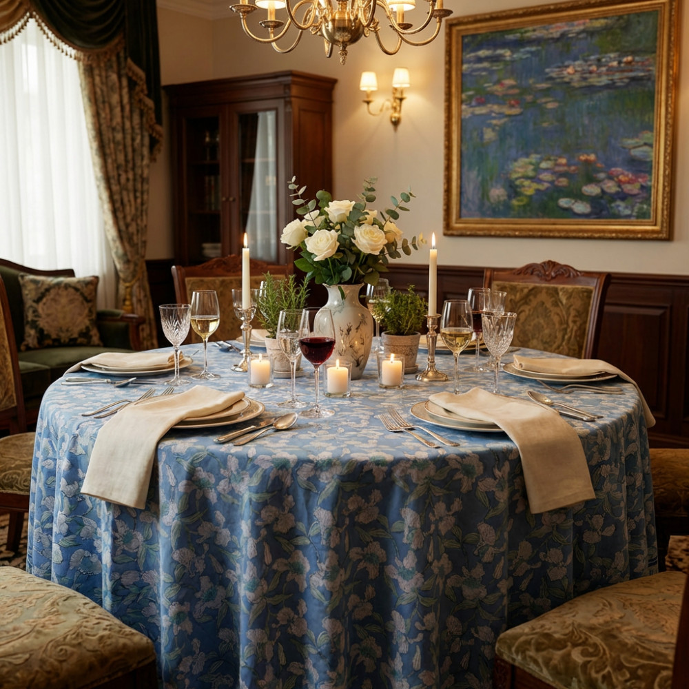 Image of Hand Block Printed Cotton Round Tablecloth 180 cms | Orchid Aqua 203890