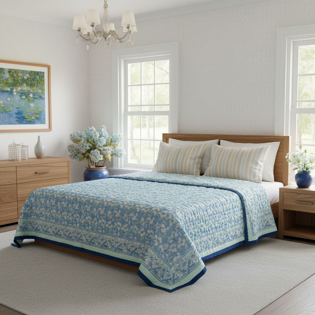 Hand Block Printed Cotton Queen Size Quilt Orchid Aqua 203890