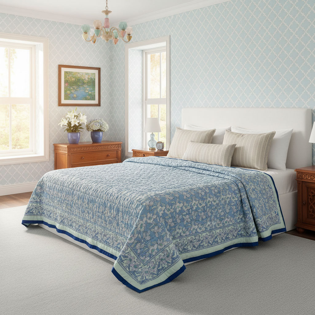 Hand Block Printed Cotton Twin Size Quilt Orchid Aqua 203890