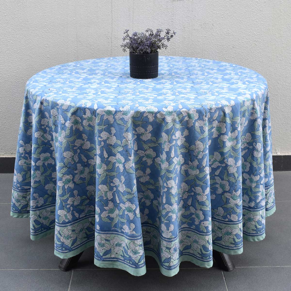 Hand Block Printed Cotton Round Tablecloth 275 cms Orchid Aqua 203890
