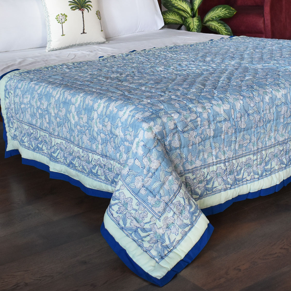 Hand Block Printed Cotton Twin Size Quilt  Orchid Aqua 203890