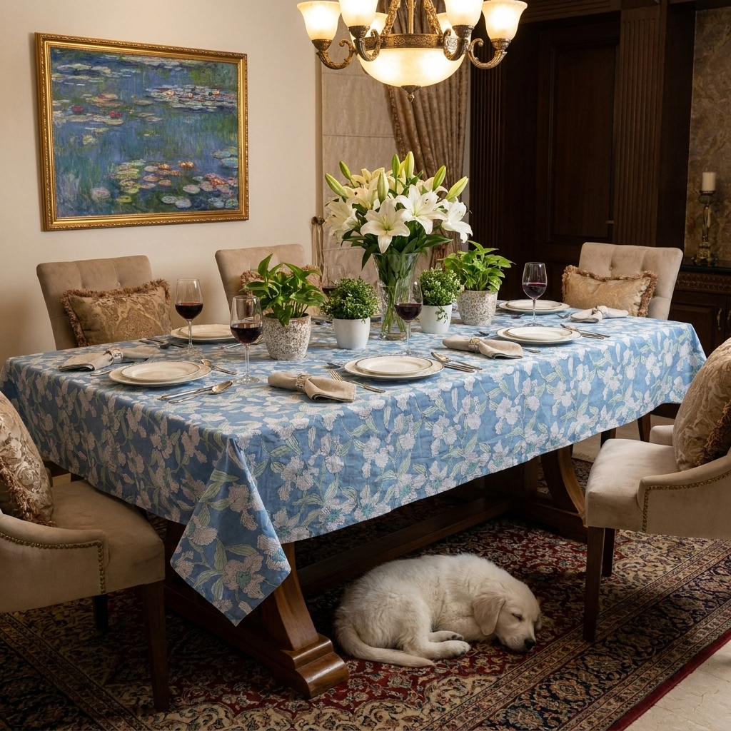 Hand Block Printed Cotton Tablecloth 180x270 cms Orchid Aqua 203890
