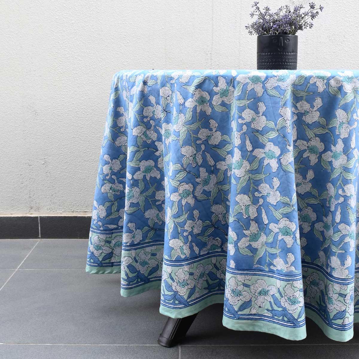 Hand Block Printed Cotton Round Tablecloth 275 cms Orchid Aqua 203890