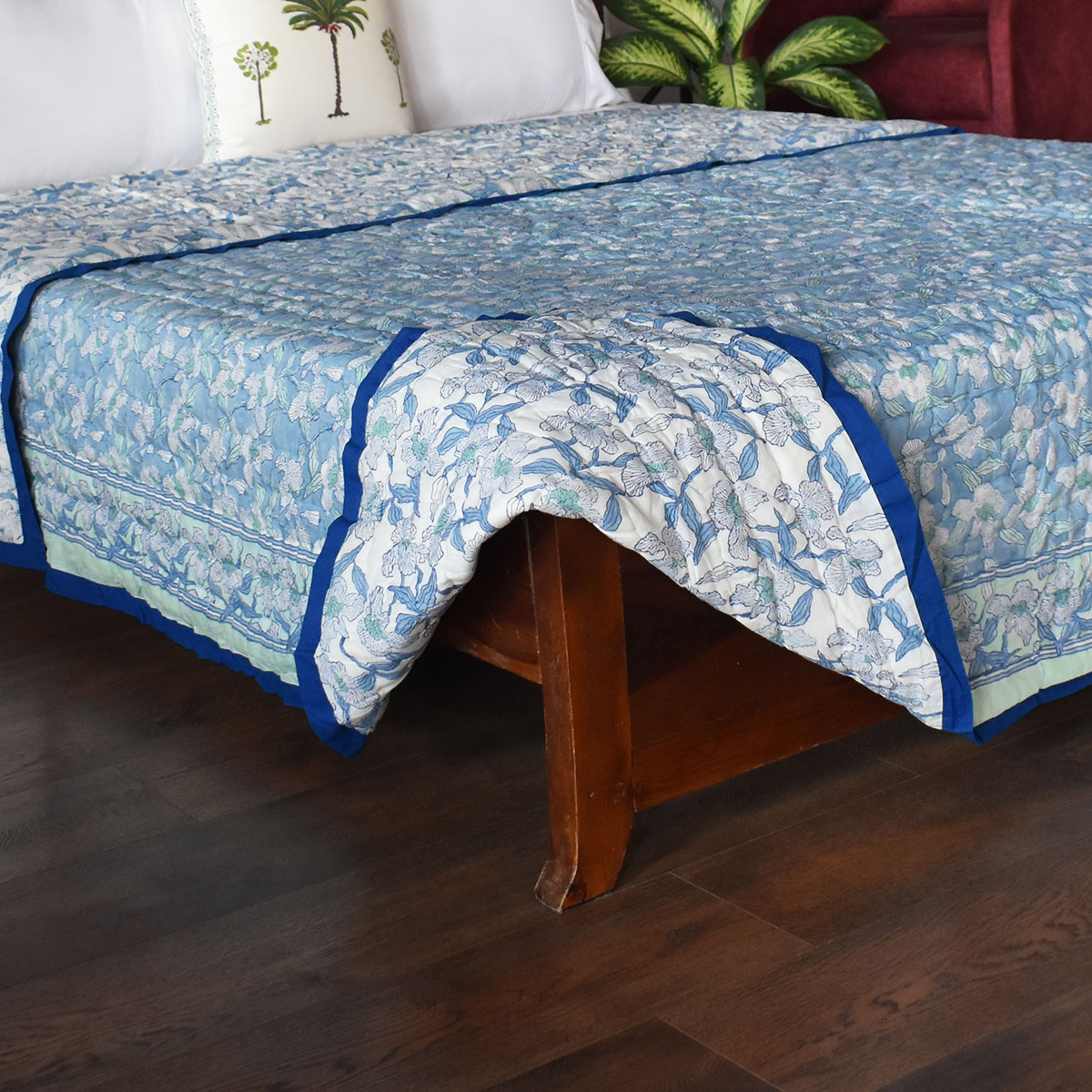 Hand Block Printed Cotton Queen Size Quilt Orchid Aqua 203890