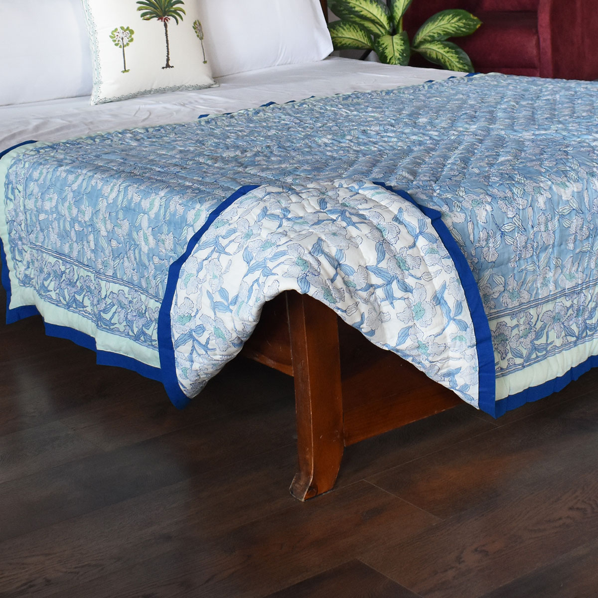Hand Block Printed Cotton Twin Size Quilt Orchid Aqua 203890