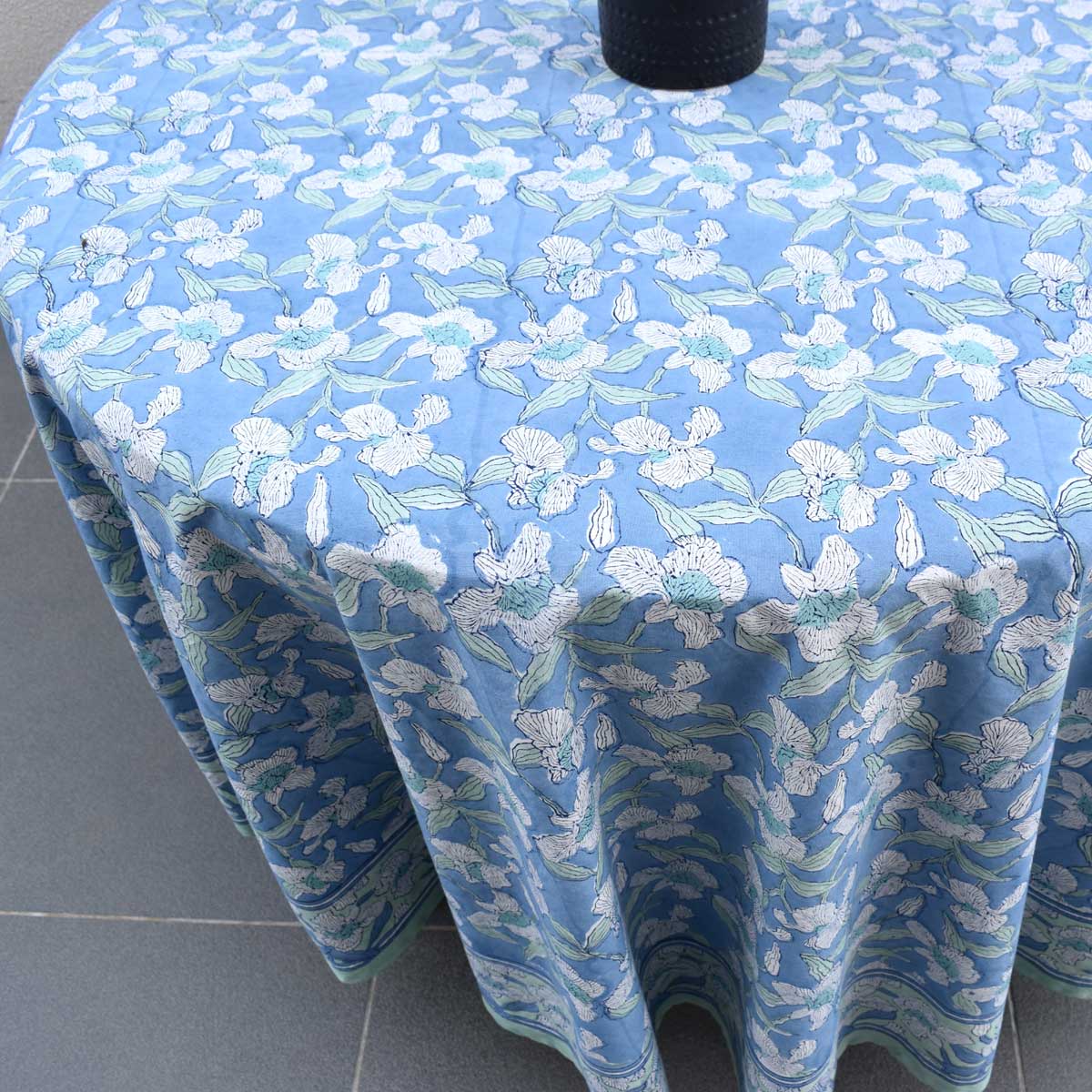 Hand Block Printed Cotton Round Tablecloth 275 cms Orchid Aqua 203890