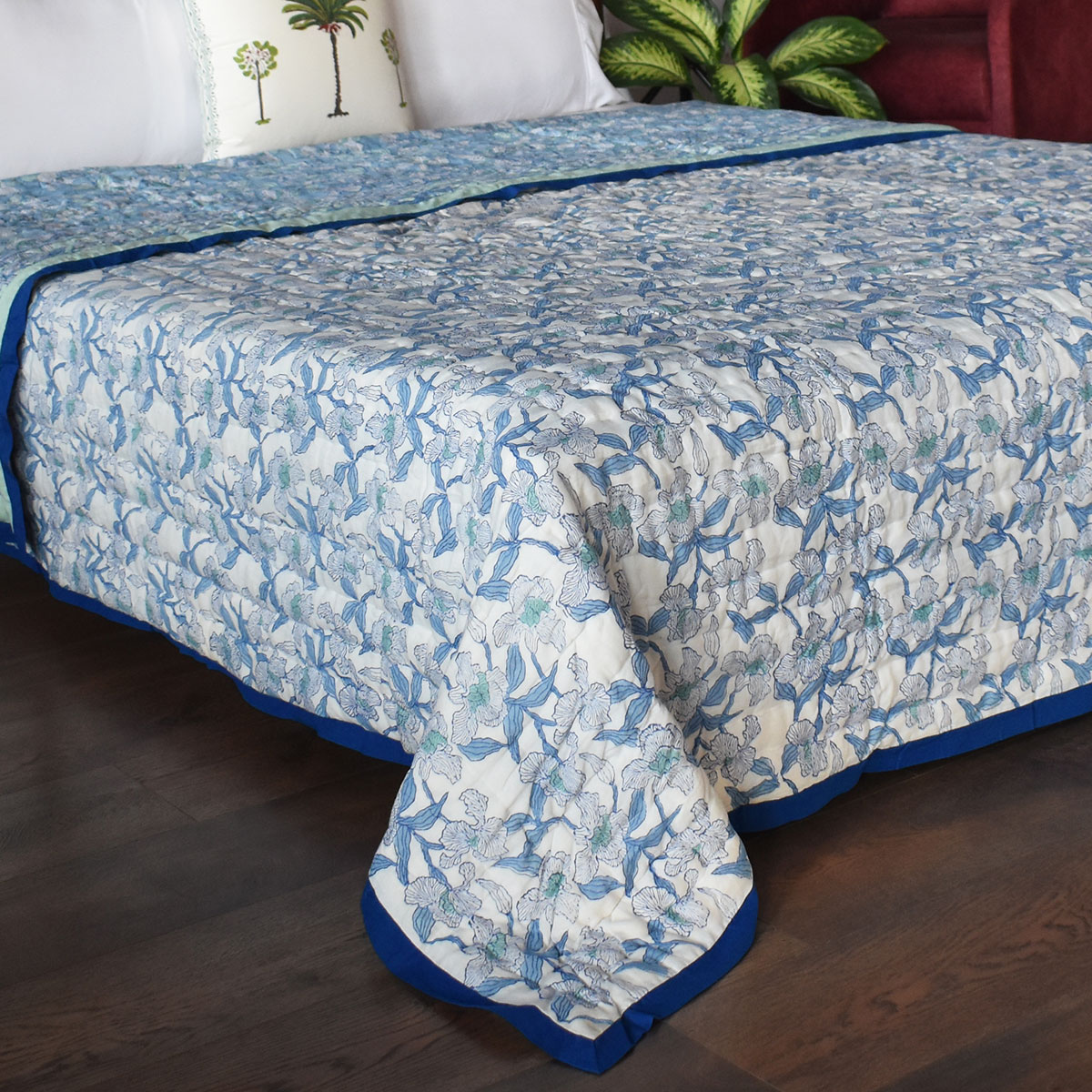 Hand Block Printed Cotton Queen Size Quilt Orchid Aqua 203890