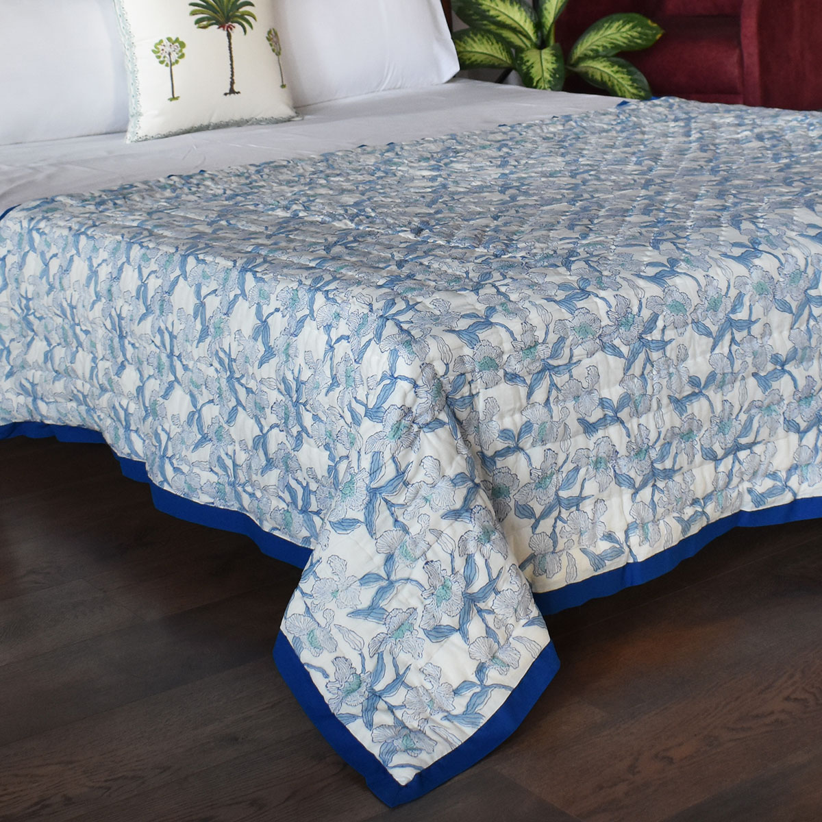 Hand Block Printed Cotton Twin Size Quilt  Orchid Aqua 203890