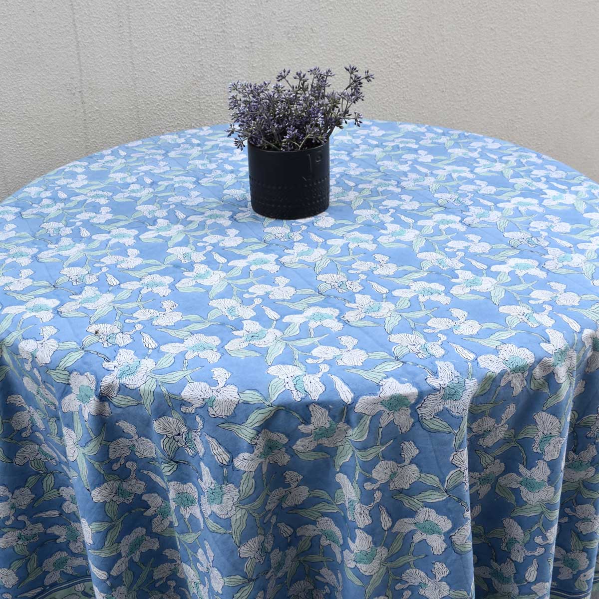 Hand Block Printed Cotton Round Tablecloth 150 cms  Orchid Aqua 203890