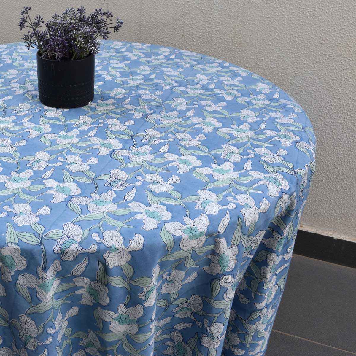 Hand Block Printed Cotton Round Tablecloth 275 cms Orchid Aqua 203890
