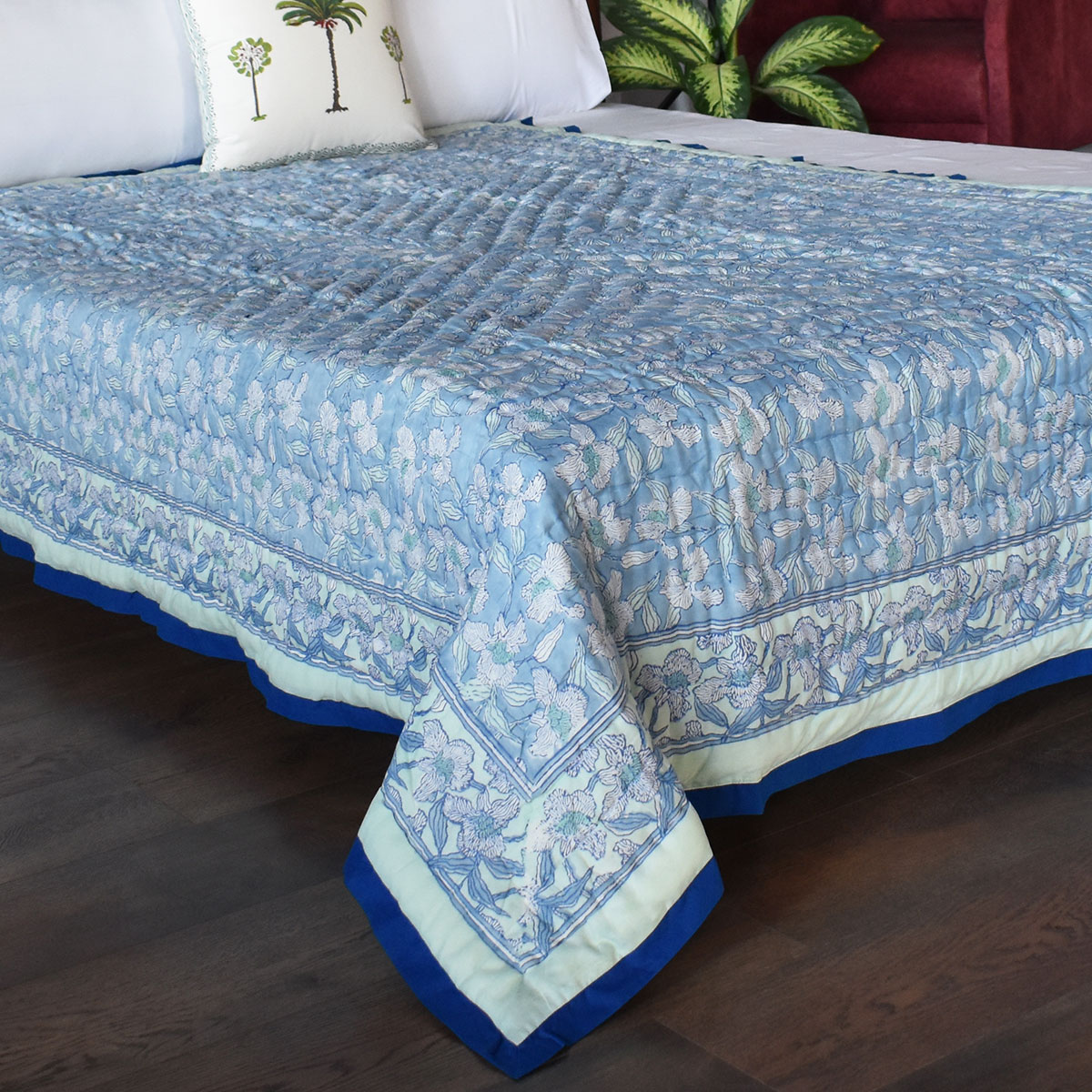 Hand Block Printed Cotton Twin Size Quilt Orchid Aqua 203890
