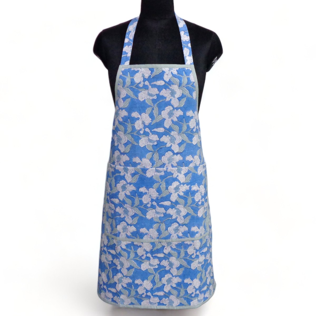 Indian Block-Printed 100 Cotton Apron Orchid Aqua 203890
