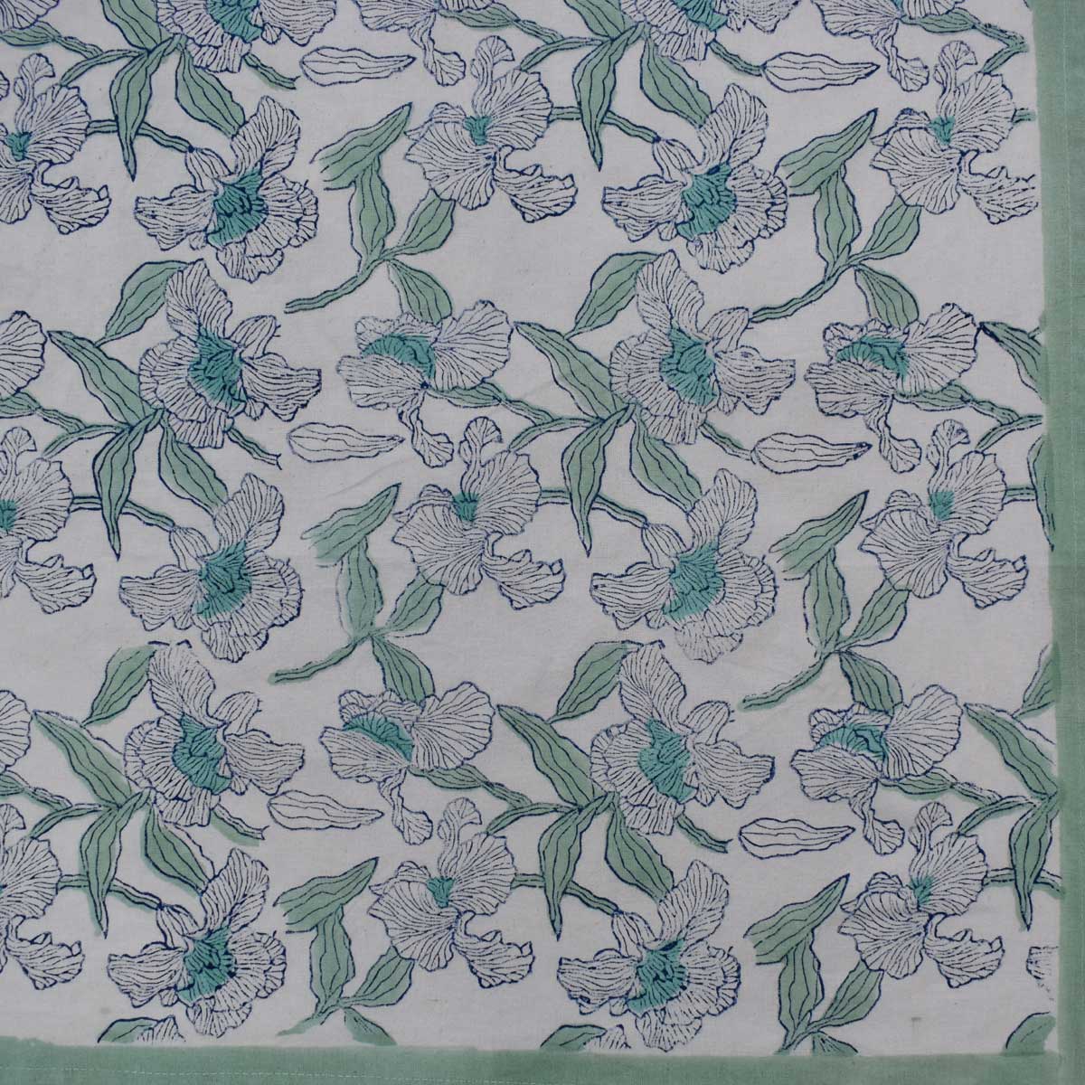 Hand Block Printed Cotton Tablecloth 150x220 cms Orchid Aqua Open 203894