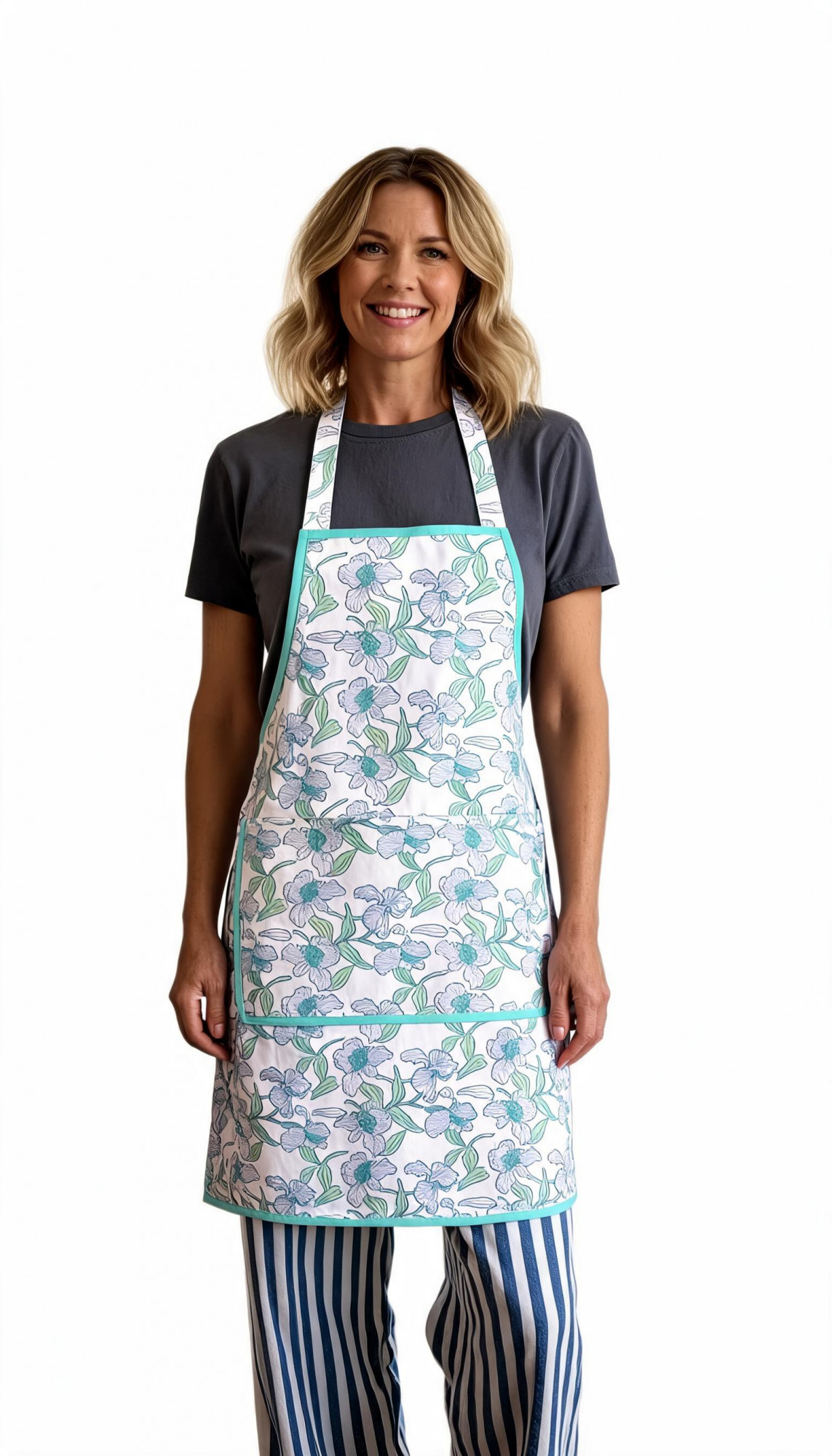 Indian Block-Printed 100 Cotton Apron Orchid Aqua Open 203894