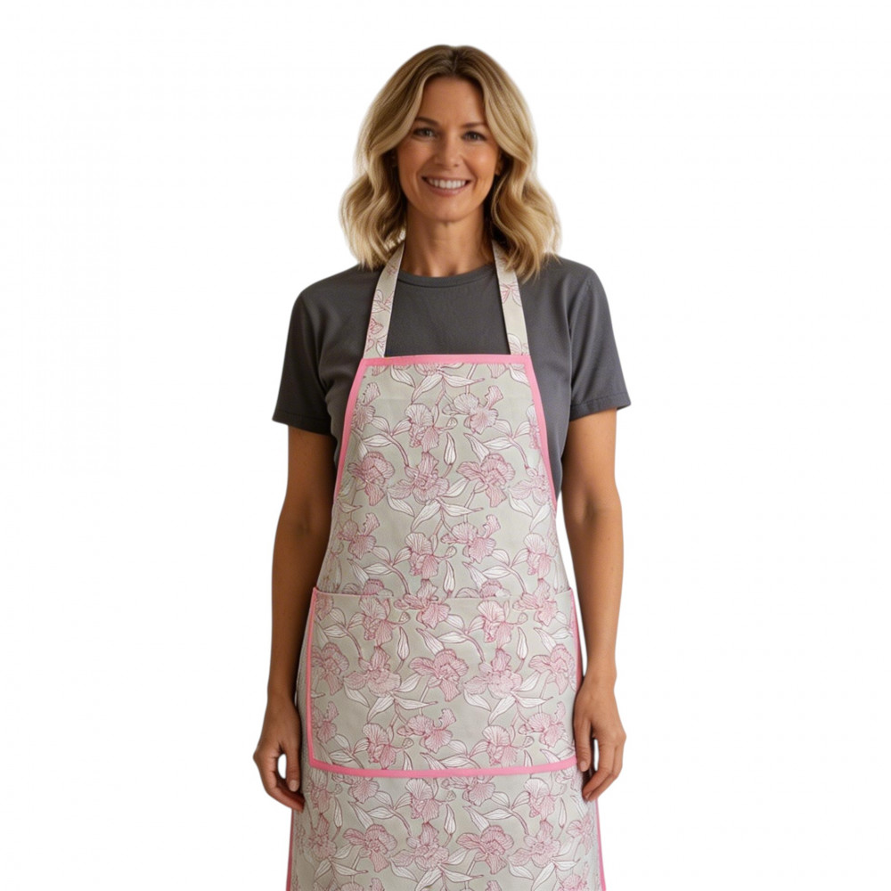 Image of Indian Block-Printed 100% Cotton Apron | Orchid Beige 202503