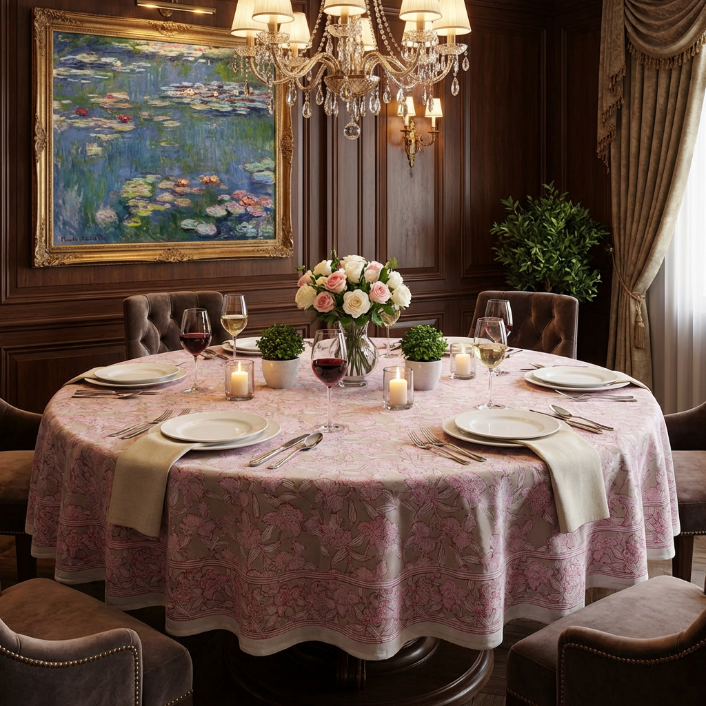 Round 220 cms Cotton French Design Table Cover Orchid Beige 250503