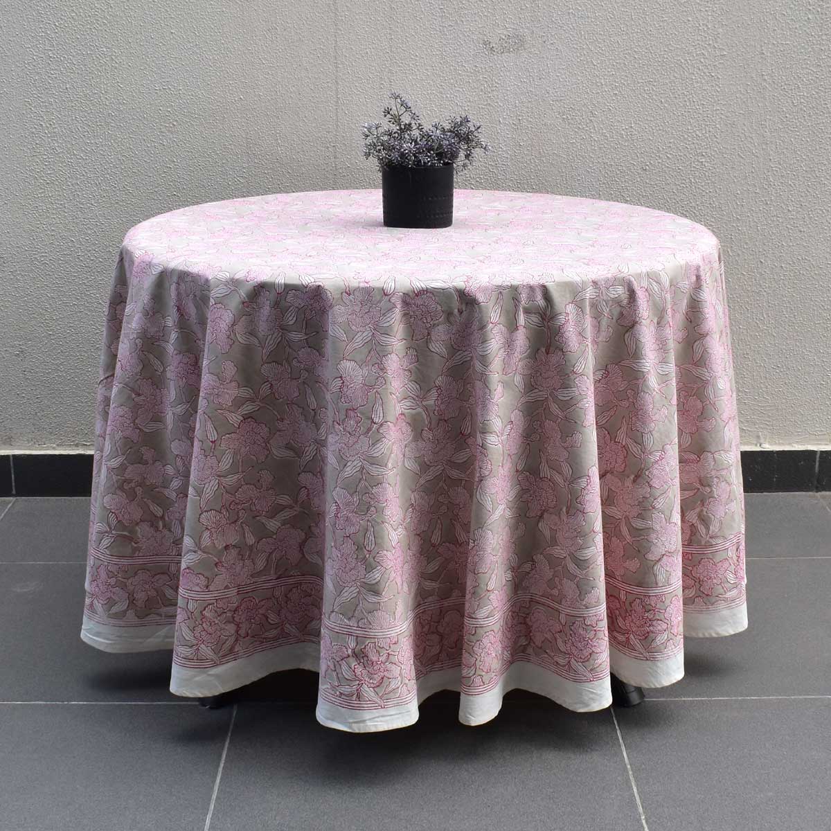 Hand Block Printed Cotton Round Tablecloth 275 cms  Orchid Beige 250503