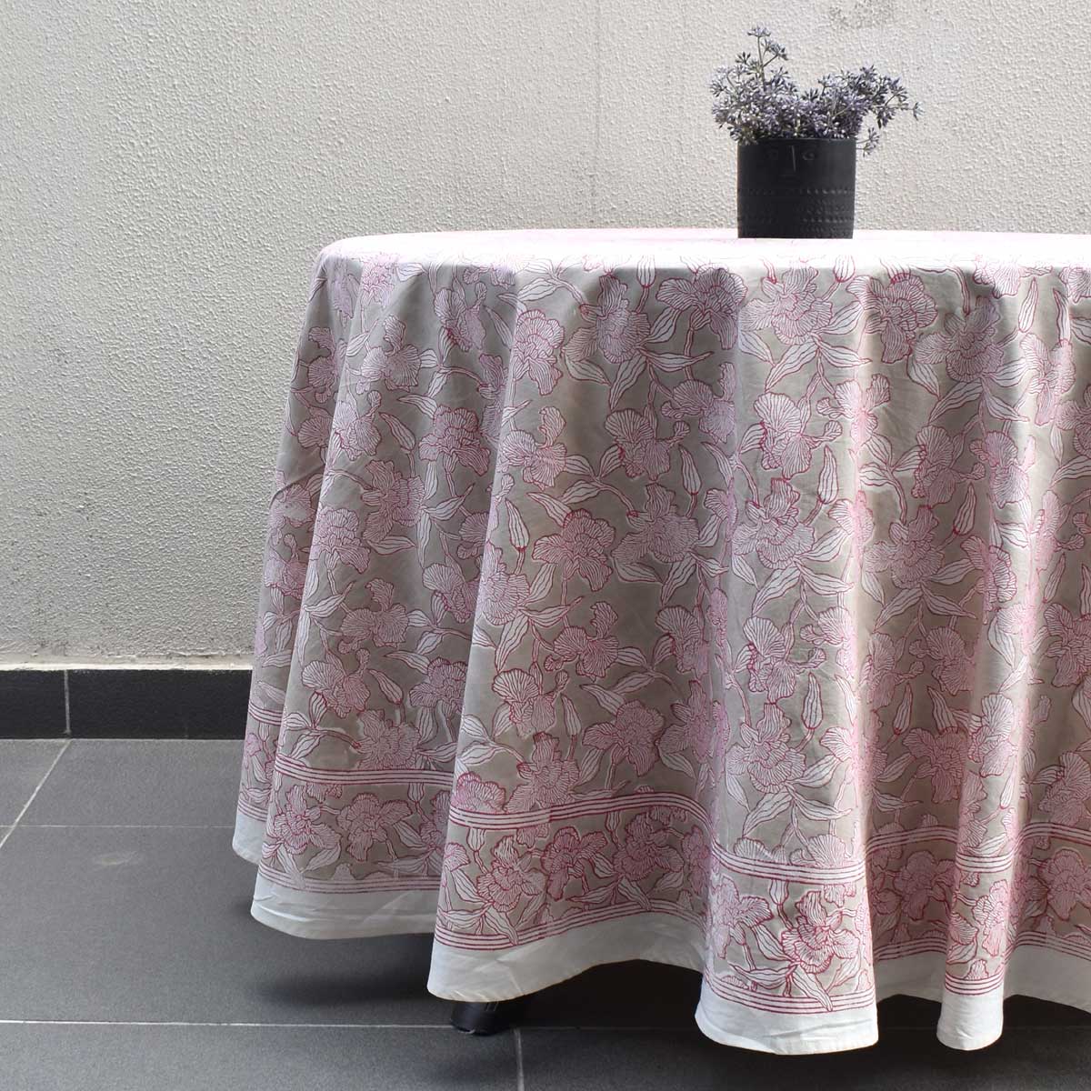 Hand Block Printed Cotton Round Tablecloth 275 cms Orchid Beige 250503