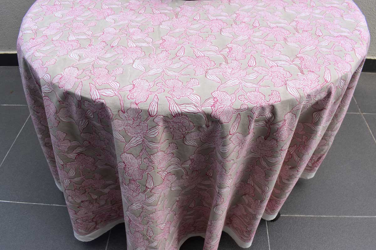 Hand Block Printed Cotton Round Tablecloth 275 cms Orchid Beige 250503