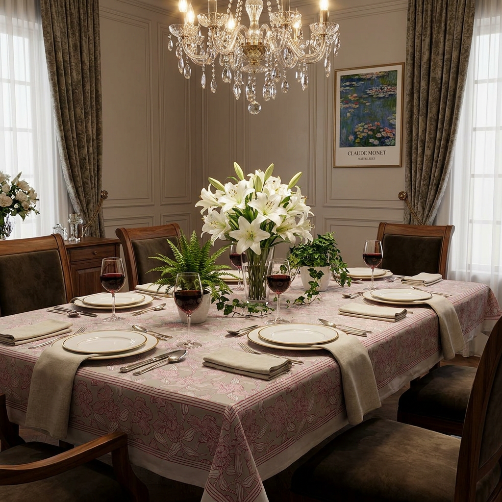 Wood Block Printed Handmade Tablecloth 150x220 cms Orchid Beige 250503