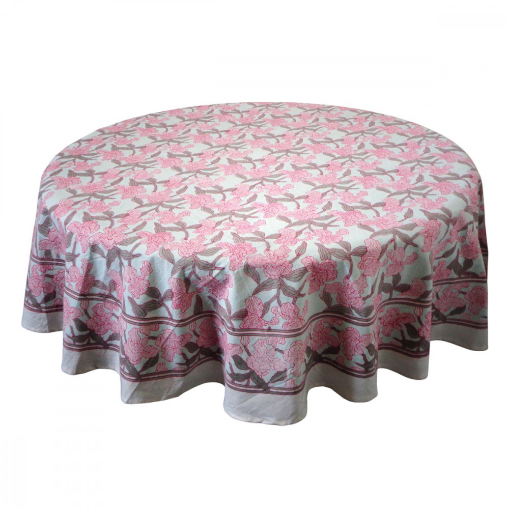 Hand Block Printed Cotton Round Tablecloth 275 cms Orchid Glass 202505