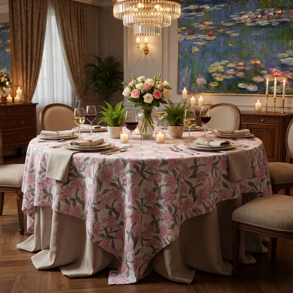 Image of Hand Block Printed Cotton Round Tablecloth 275 cms | Orchid Glass 202505