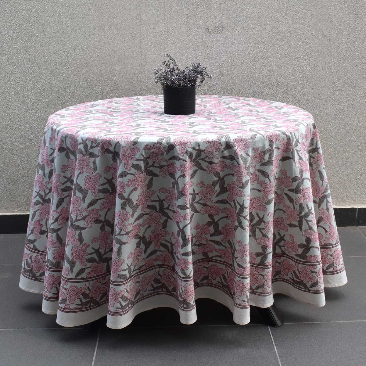 Hand Block Printed Cotton Round Tablecloth 275 cms Orchid Glass 202505