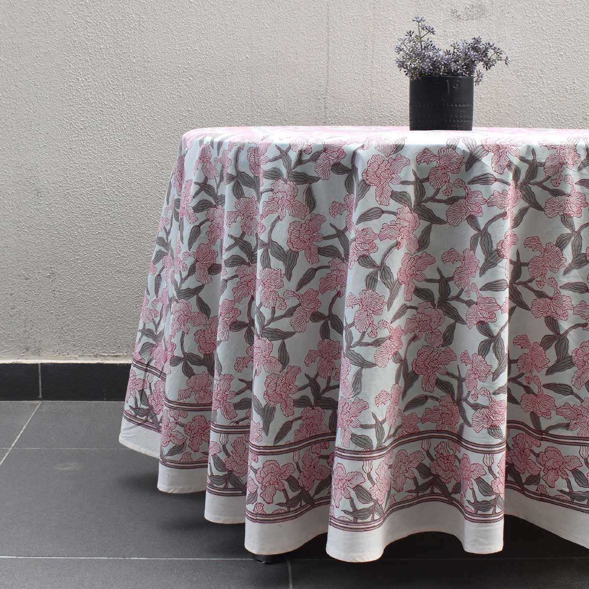 Hand Block Printed Cotton Round Tablecloth 275 cms  Orchid Glass 202505