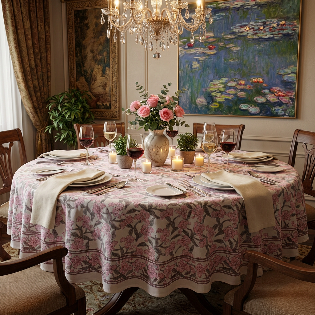 Hand Block Printed Cotton Round Tablecloth 275 cms Orchid Glass 202602