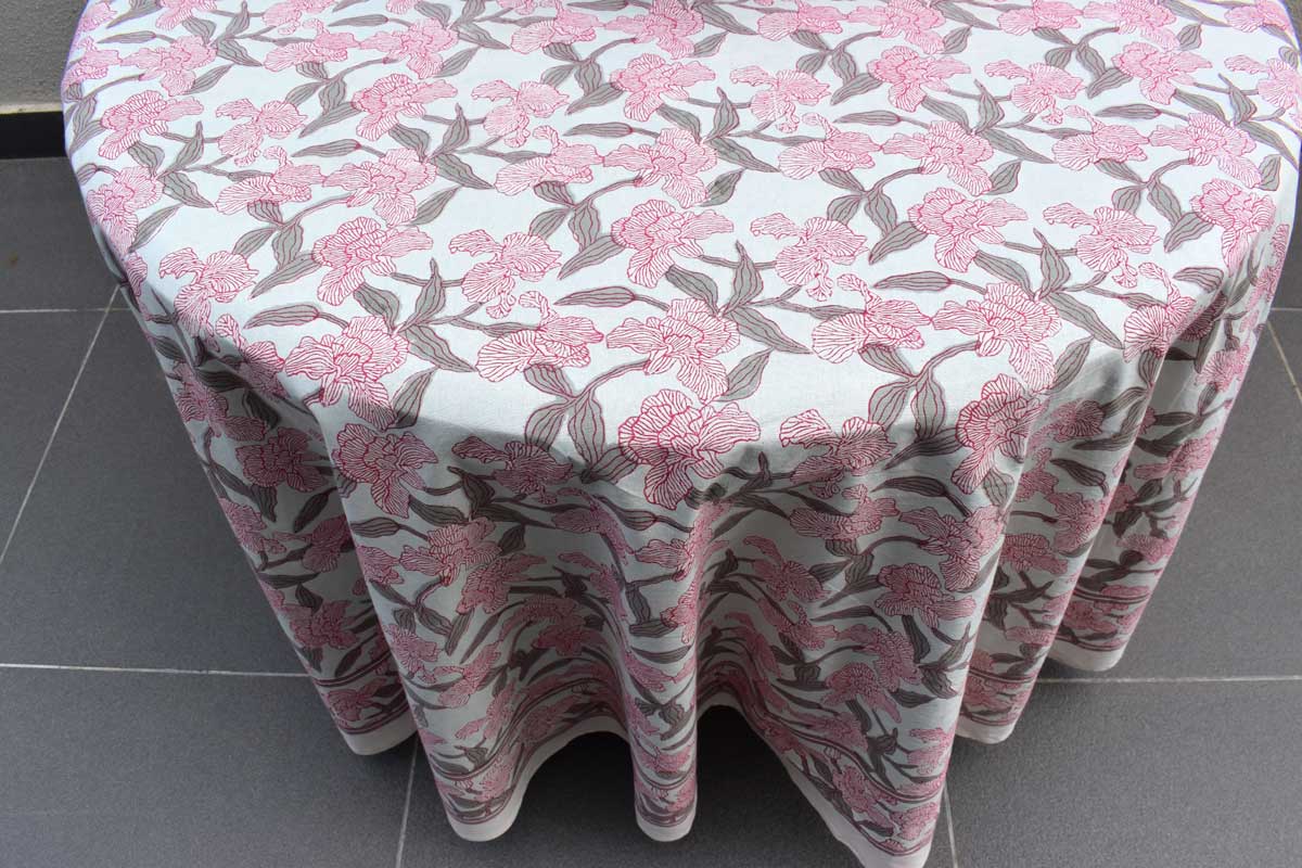 Hand Block Printed Cotton Round Tablecloth 275 cms  Orchid Glass 202505